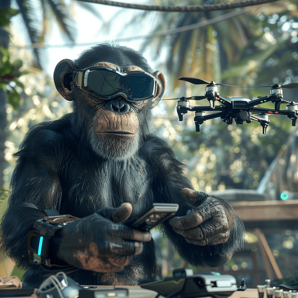 Drones con inteligencia artificial: guía completa para elegir el mejor en 2025 1 Chimpancé con gafas futuristas controlando un dron con un mando a distancia en una selva tecnológica