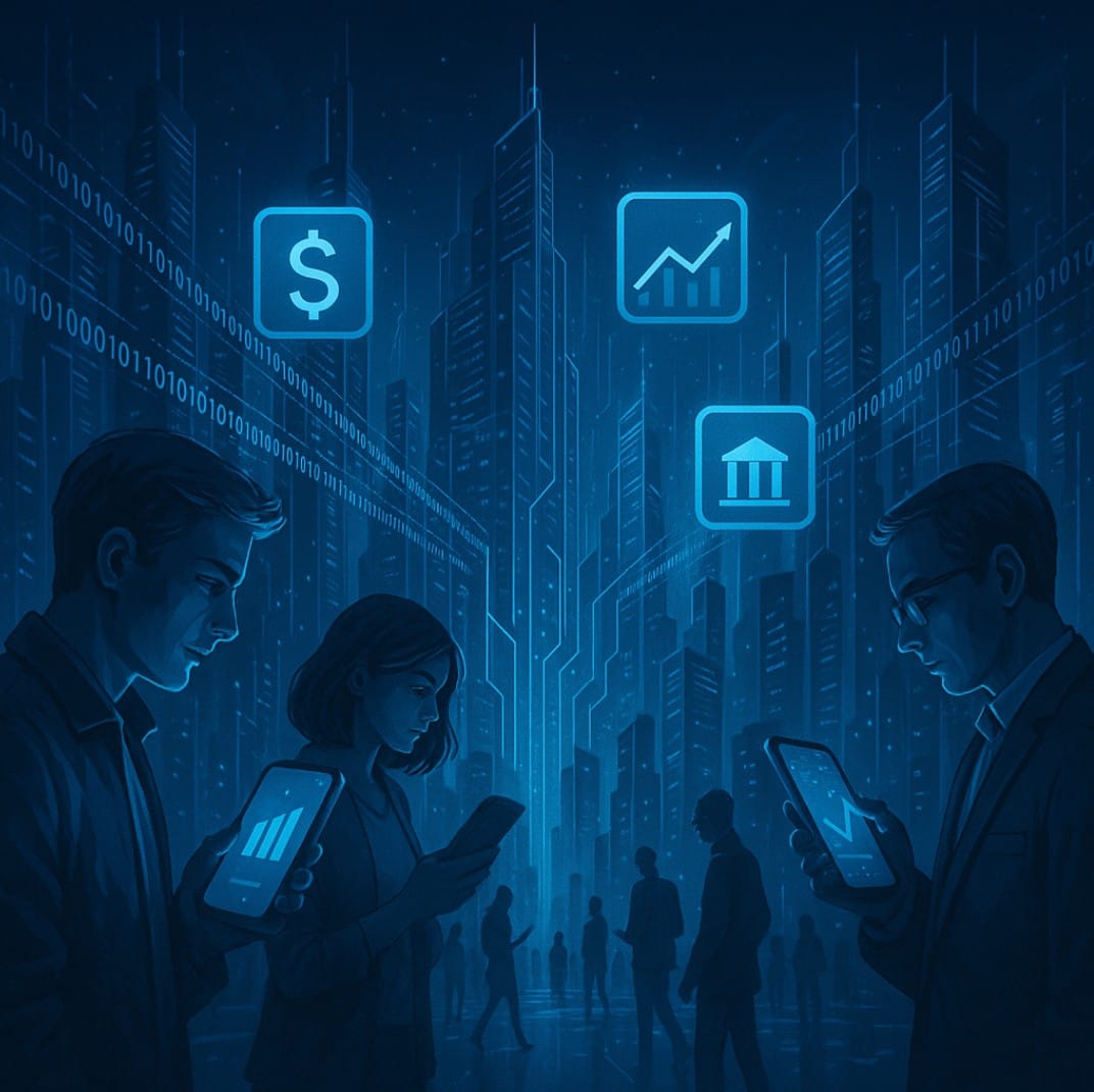 Ilustración digital en estilo futurista que representa el concepto de fintech: una ciudad moderna con rascacielos tecnológicos, personas usando aplicaciones financieras en sus smartphones y flujos de datos digitales en un entorno iluminado en azul metálico