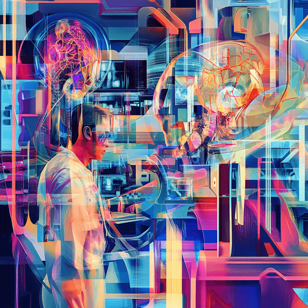 Investigador en laboratorio futurista usando inteligencia artificial médica, rodeado de elementos tecnológicos y cerebros artificiales en estilo cubista y colores vibrantes