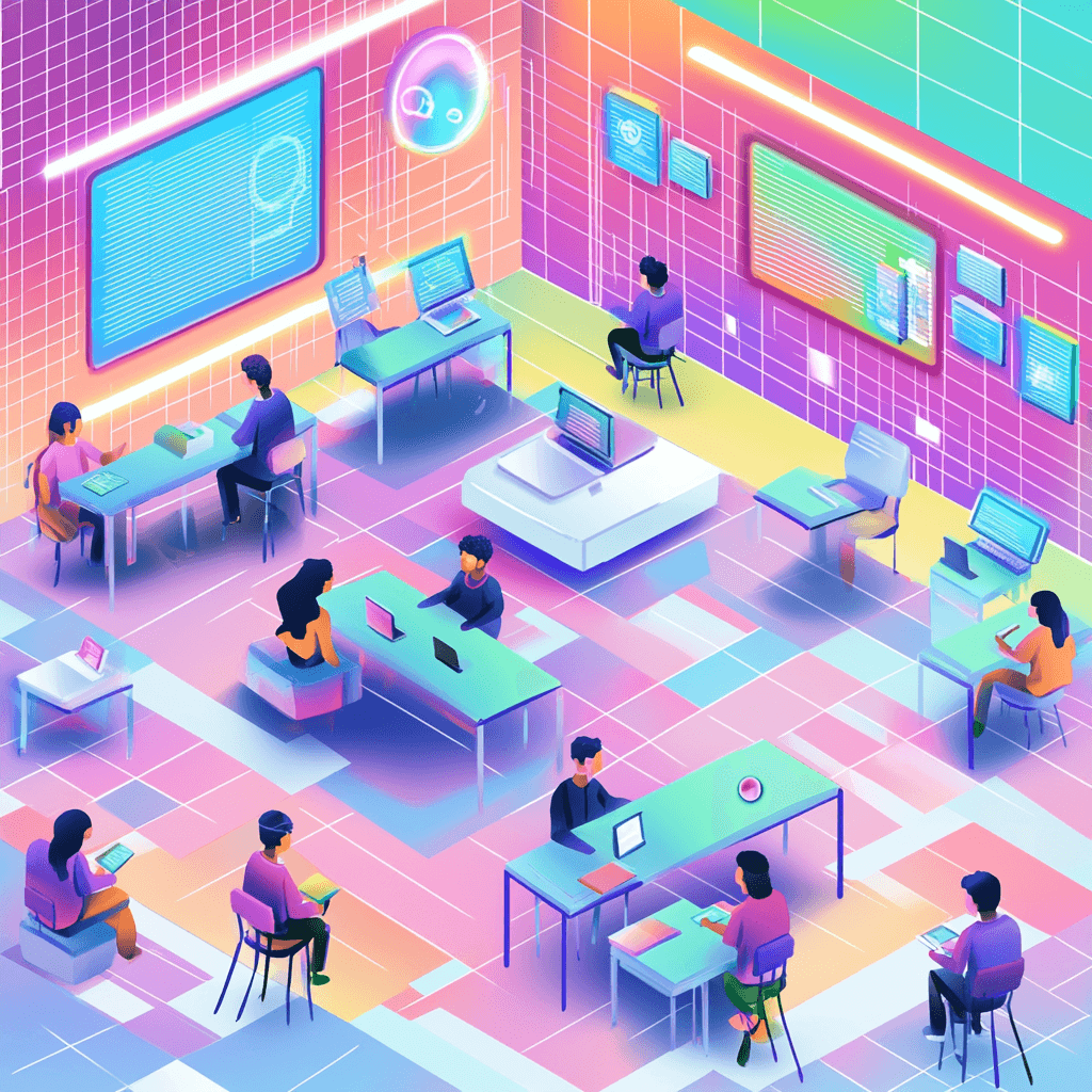 Aula futurista con estudiantes utilizando herramientas de inteligencia artificial, rodeados de pantallas holográficas y dispositivos digitales en un entorno moderno y colorido, estilo isométrico digital