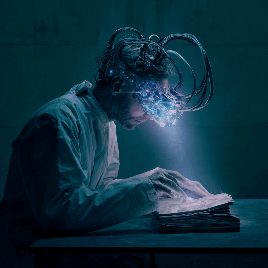Investigador futurista utilizando inteligencia artificial con visor cibernético y cables neuronales, analizando documentos físicos en un laboratorio tecnológico