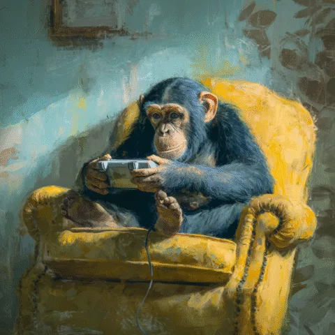 Un chimpancé sentado en un sillón amarillo jugando con una videoconsola, en una escena pintada con estilo artístico
