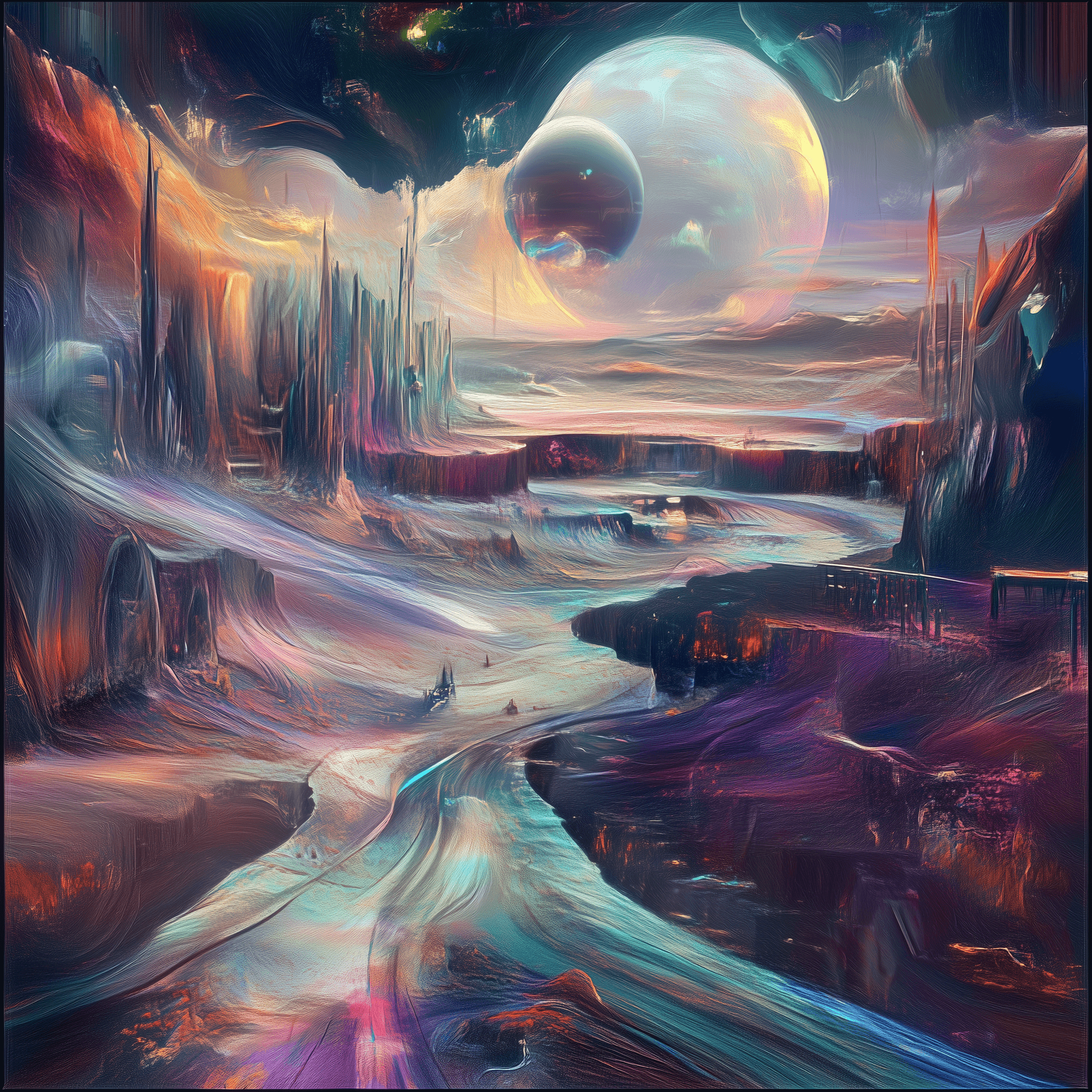 El arte generado por IA entra en una nueva era con midjourney v7 1 paisaje surrealista generado con midjourney v7, con ríos de luz, estructuras alienígenas y un planeta gigante en el cielo, estilo digital onírico y detallado