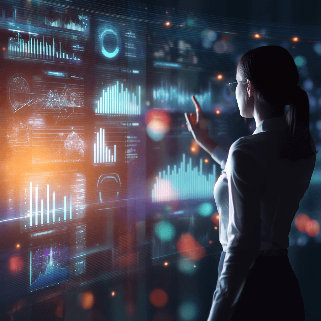Mujer analizando dashboards interactivos con inteligencia artificial en una pantalla digital futurista, visualizando KPIs y gráficos de Power BI en un entorno tecnológico avanzado