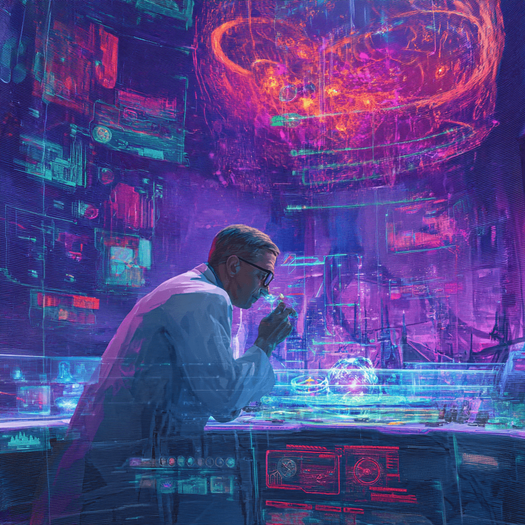 Por qué la netnografía es esencial para entender el comportamiento digital 1 Investigador futurista analizando datos holográficos en un laboratorio digital con tecnología avanzada, rodeado de pantallas flotantes y gráficos cibernéticos en un entorno de estilo cyberpunk