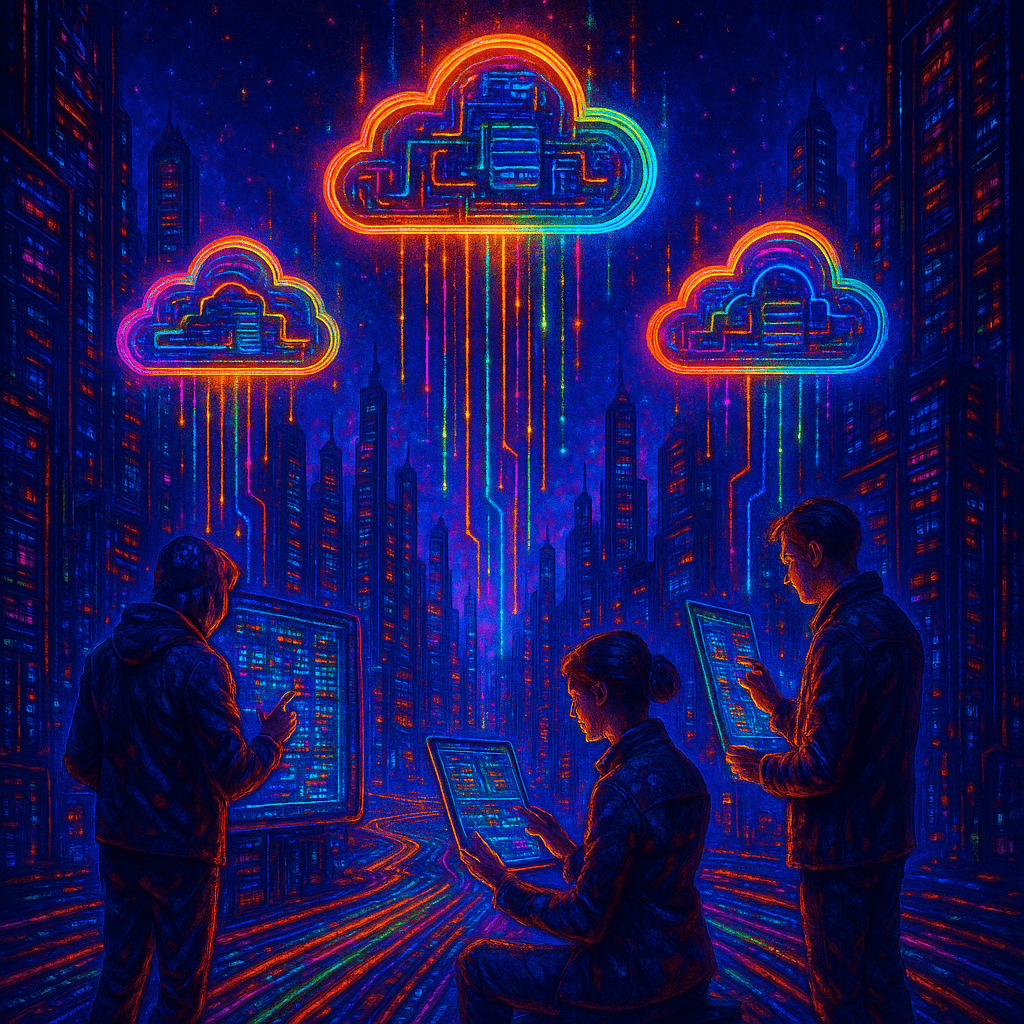 Ilustración digital de una ciudad futurista estilo cyberpunk, con servidores en forma de nubes brillantes flotando en el cielo, datos multicolores fluyendo a través de redes de fibra óptica, y humanos interactuando con interfaces holográficas en un entorno lleno de luces de neón y tecnología avanzada