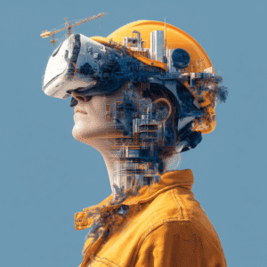 Mujer con casco de construcción y visor de realidad virtual representando la integración de inteligencia artificial y visión por computadora en obras, concepto visual de la herramienta Buildots