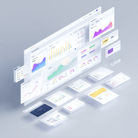Interfaz futurista de dashboard empresarial con múltiples paneles flotantes de visualización de datos, gráficos de líneas, barras, indicadores de rendimiento y métricas clave en un entorno digital minimalista