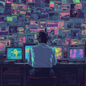 Persona analizando múltiples noticias en pantallas y recortes de prensa en la pared, simbolizando el análisis de medios y detección de sesgos con inteligencia artificial