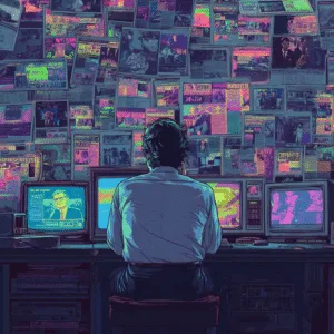 Persona analizando múltiples noticias en pantallas y recortes de prensa en la pared, simbolizando el análisis de medios y detección de sesgos con inteligencia artificial