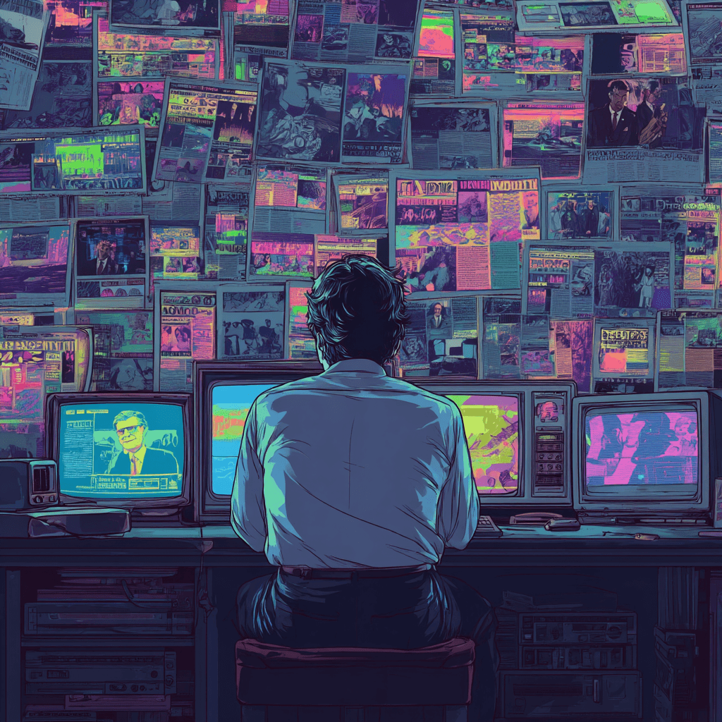 Persona analizando múltiples noticias en pantallas y recortes de prensa en la pared, simbolizando el análisis de medios y detección de sesgos con inteligencia artificial