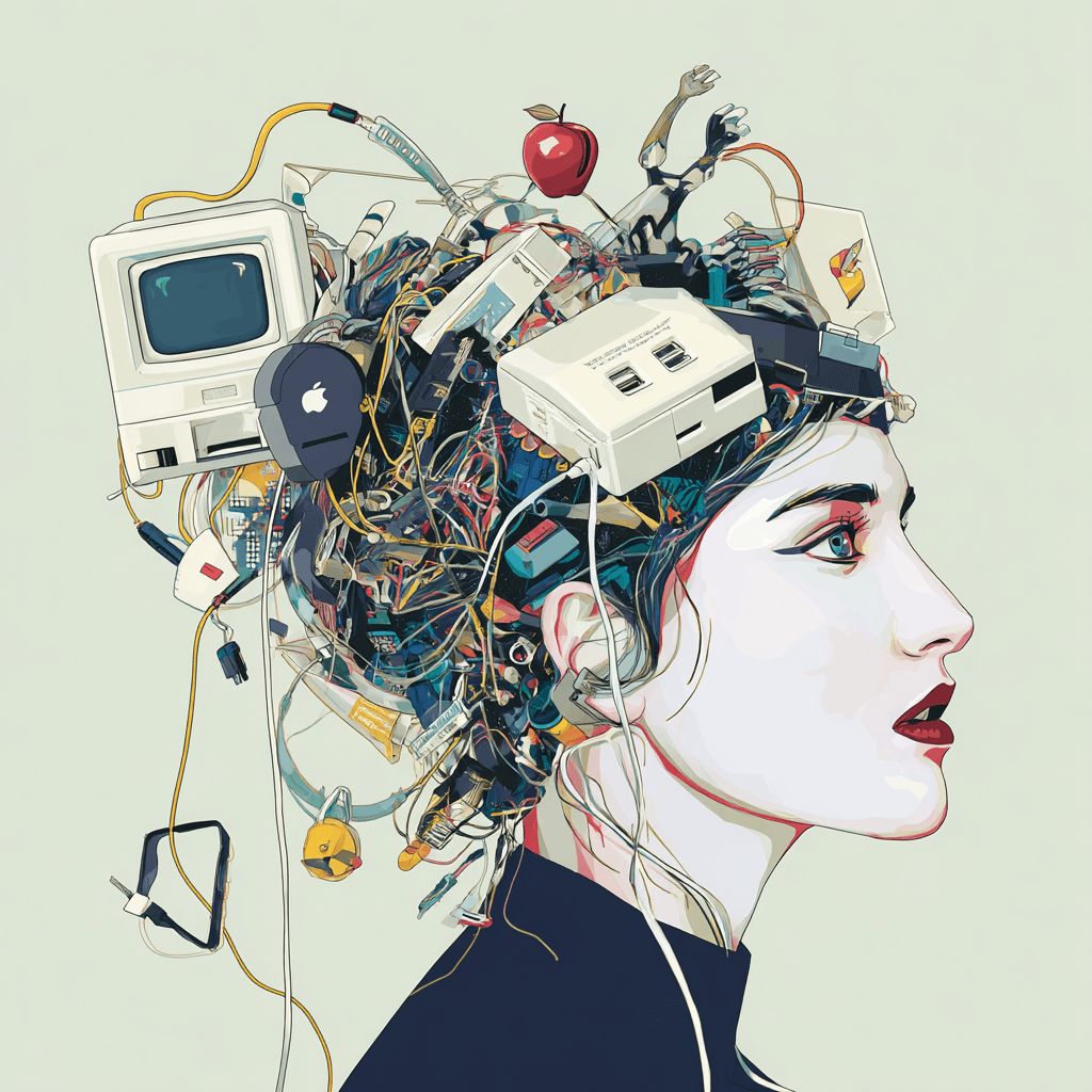 Ilustración artística de una mujer con el cabello compuesto por dispositivos electrónicos y cables, simbolizando la fusión entre tecnología, inteligencia artificial y creatividad humana