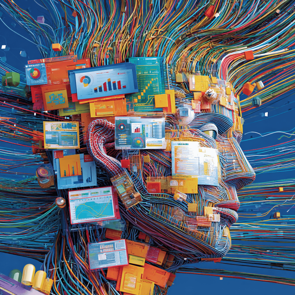 Los secretos del modelado de datos en Power BI que todo analista debería saber 1 Cabeza humana surrealista compuesta por cables de datos multicolores y pantallas de Power BI con gráficos y paneles, representando el procesamiento masivo de información y el modelado de datos en Power BI