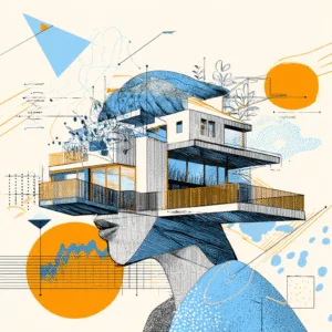 Ilustración conceptual de análisis inmobiliario con Big Data, mostrando un edificio moderno integrado en un rostro humano, simbolizando inteligencia artificial y visualización de datos del mercado