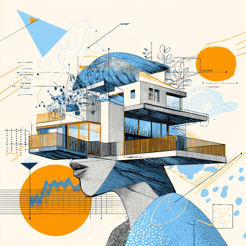 Ilustración conceptual de análisis inmobiliario con Big Data, mostrando un edificio moderno integrado en un rostro humano, simbolizando inteligencia artificial y visualización de datos del mercado