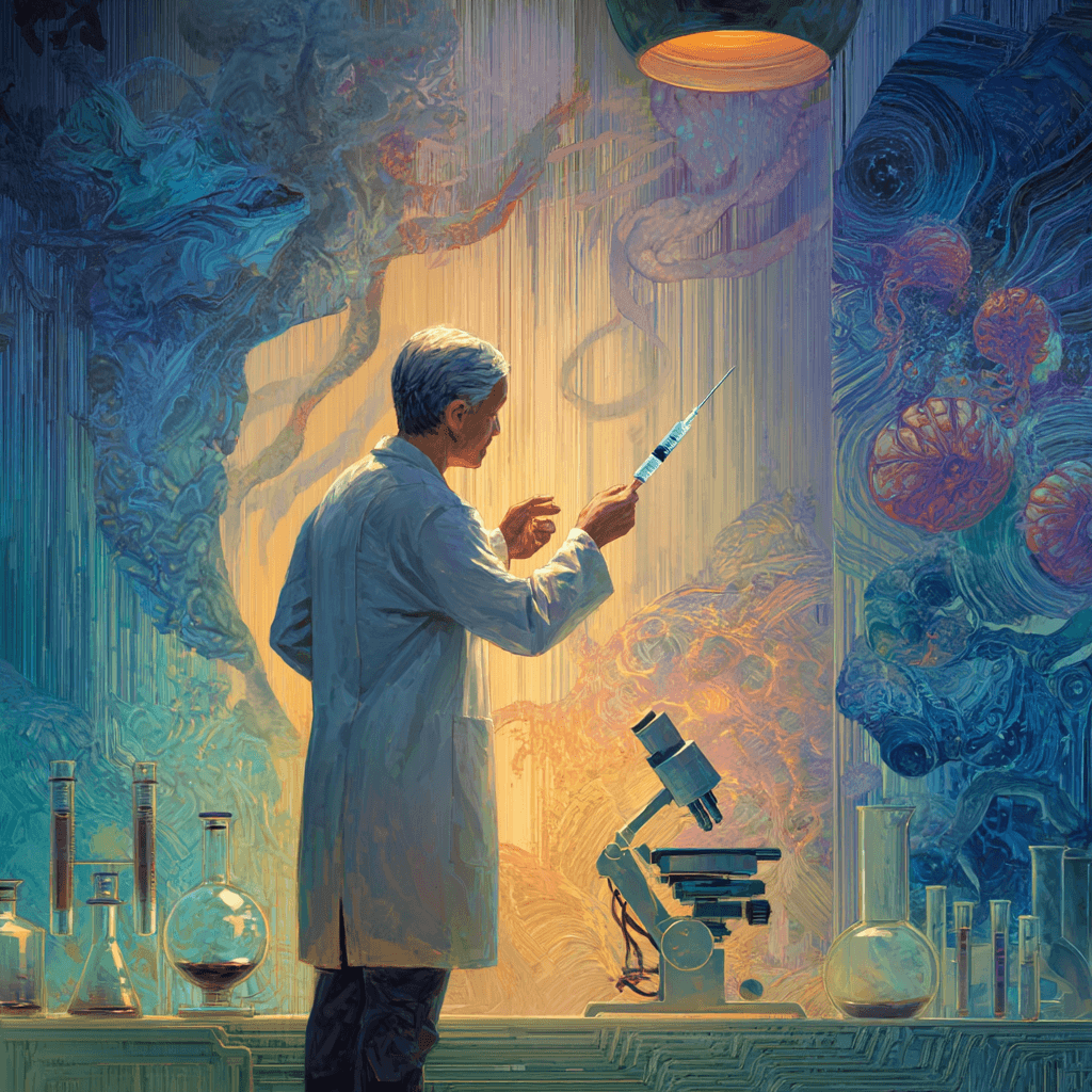 Científico en laboratorio sosteniendo una jeringa con vacuna de ARNm, rodeado de elementos celulares y equipo biomédico en un entorno artístico de estilo impresionista