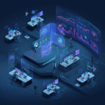Centro de operaciones futurista con ingenieros supervisando paneles holográficos de datos y modelos de IA en tiempo real, representando la implementación de MLOps en entornos empresariales