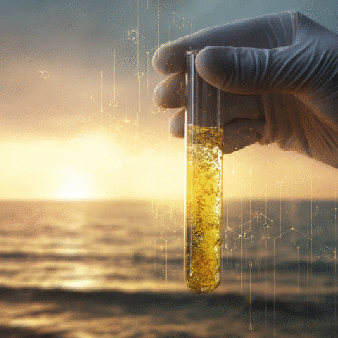 Mano con guante sosteniendo un tubo de ensayo con agua purificada al atardecer frente al mar, representando tecnología para convertir agua del mar en potable