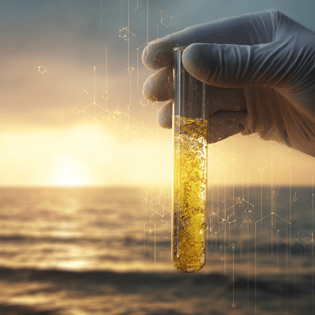 Mano con guante sosteniendo un tubo de ensayo con agua purificada al atardecer frente al mar, representando tecnología para convertir agua del mar en potable