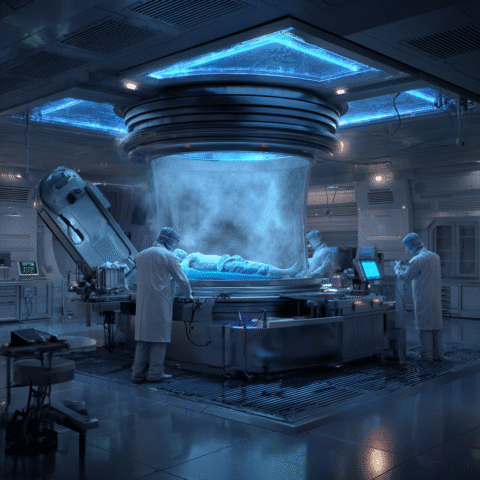 científicos en laboratorio futurista realizando un procedimiento de criopreservación humana con cuerpo conservado en cápsula criogénica y ambiente controlado por tecnología avanzada
