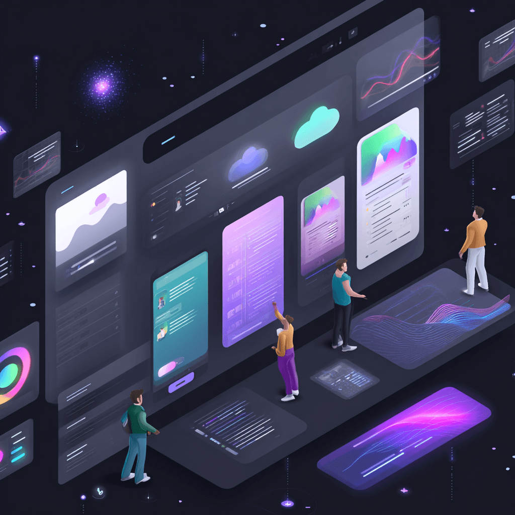 Ilustración digital de una plataforma colaborativa de diseño UI/UX en la nube con múltiples interfaces, gráficos de datos y usuarios interactuando en tiempo real, inspirada en Figma