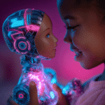 Niña interactuando con una muñeca futurista que incorpora inteligencia artificial en juguetes, destacando luces LED y diseño robótico avanzado