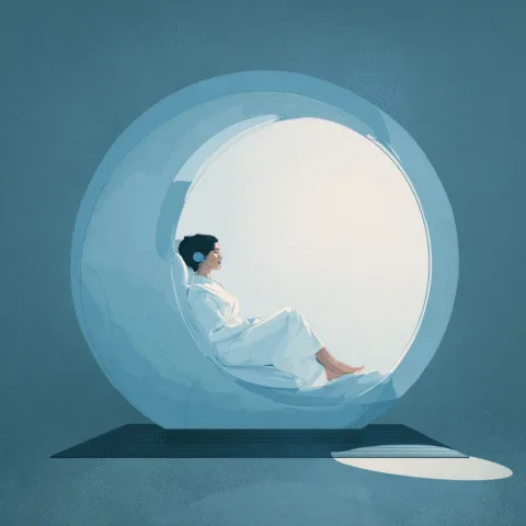 Mujer relajada sentada dentro de una cápsula futurista de limpieza automatizada, con diseño minimalista y tecnología avanzada, ambientada en tonos azules