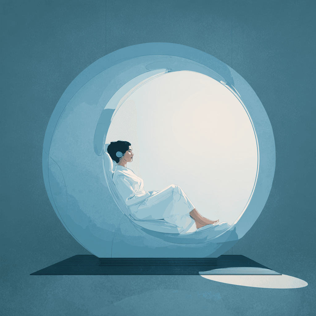 La “lavadora humana” japonesa que limpia y seca tu cuerpo en 15 minutos 1 Mujer relajada sentada dentro de una cápsula futurista de limpieza automatizada, con diseño minimalista y tecnología avanzada, ambientada en tonos azules