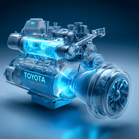 Motor de hidrógeno futurista de Toyota con diseño transparente y componentes iluminados, representando tecnología avanzada y movilidad sostenible