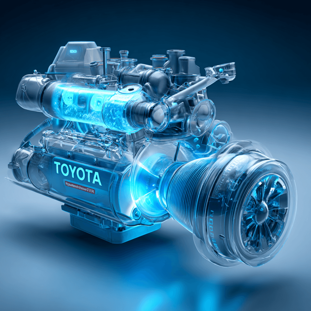 Motor de hidrógeno futurista de Toyota con diseño transparente y componentes iluminados, representando tecnología avanzada y movilidad sostenible