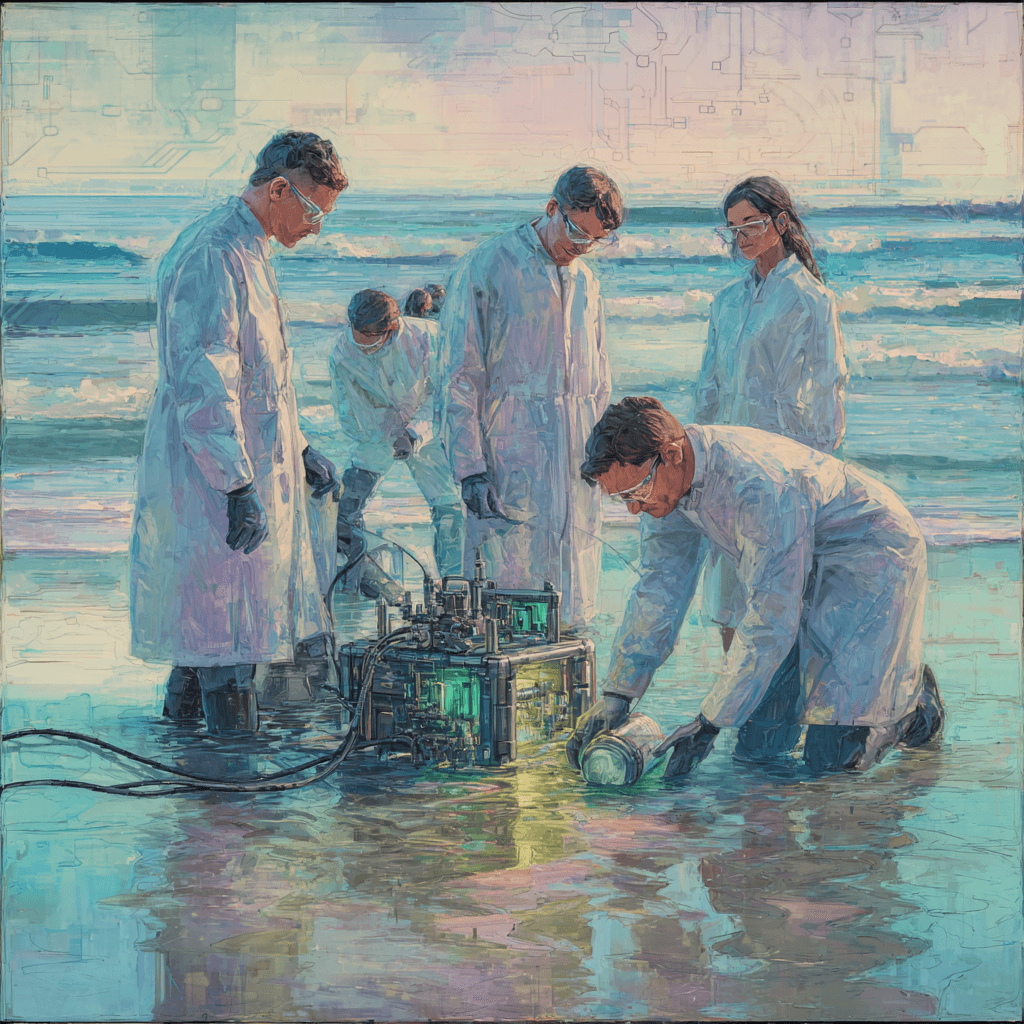 Científicos con batas blancas y guantes trabajando en la orilla del mar con un dispositivo tecnológico que filtra agua, en una escena artística de estilo impresionista