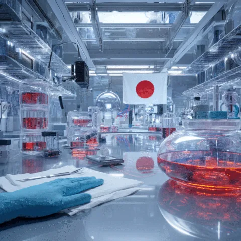 Laboratorio japonés futurista desarrollando sangre artificial universal con vesículas nanométricas, con líquidos rojos en recipientes, tecnología avanzada y bandera de Japón