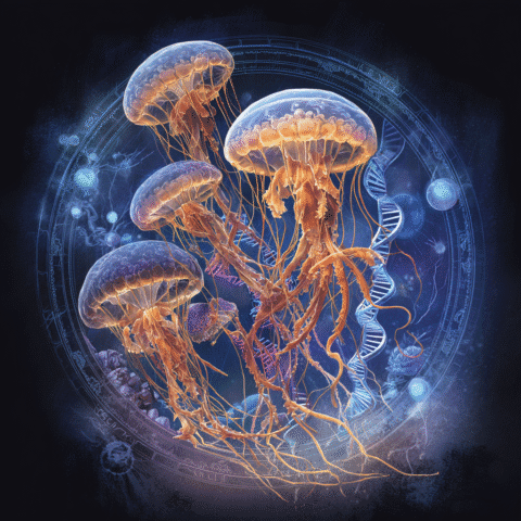 Ilustración artística de la medusa inmortal Turritopsis dohrnii, rodeada de elementos genéticos como cadenas de ADN, representando su capacidad única de revertir el envejecimiento celular.