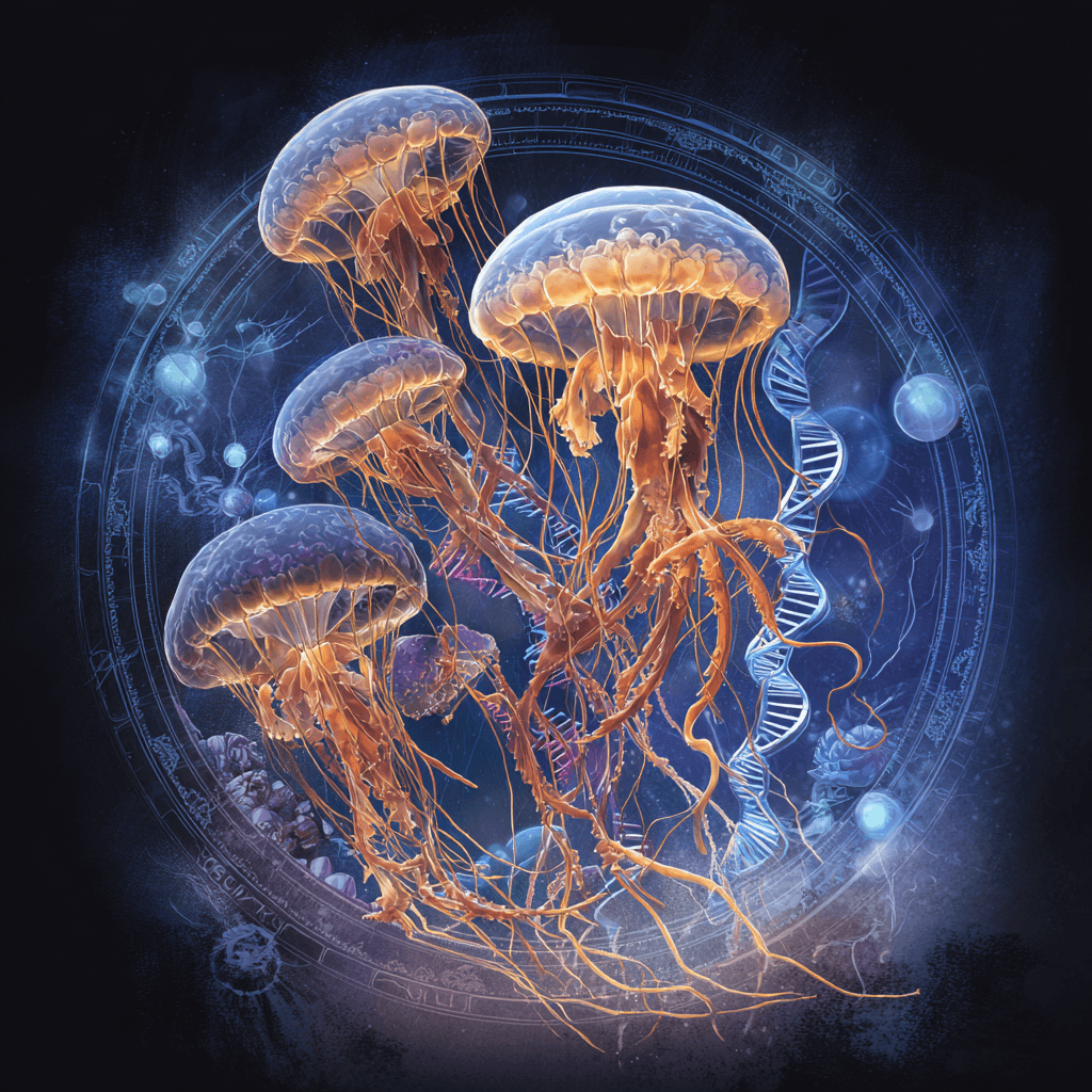 Ilustración artística de la medusa inmortal Turritopsis dohrnii, rodeada de elementos genéticos como cadenas de ADN, representando su capacidad única de revertir el envejecimiento celular.