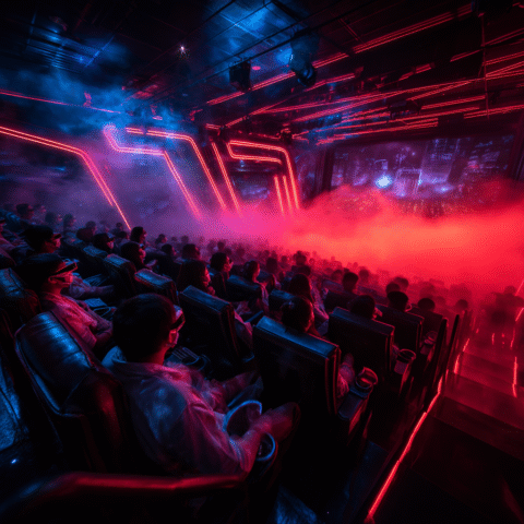 Espectadores en una sala de cine 7D en China disfrutando una experiencia inmersiva con efectos de niebla, luces y movimiento sincronizado