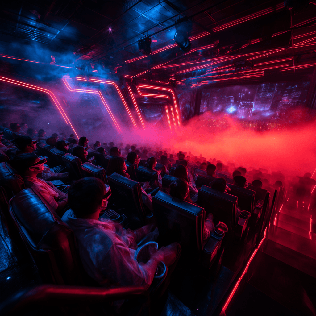 Espectadores en una sala de cine 7D en China disfrutando una experiencia inmersiva con efectos de niebla, luces y movimiento sincronizado