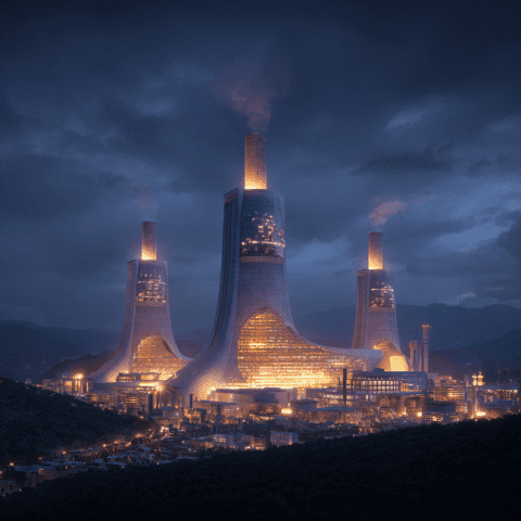 Complejo futurista de reactores nucleares con tecnología de torio en China iluminado durante la noche