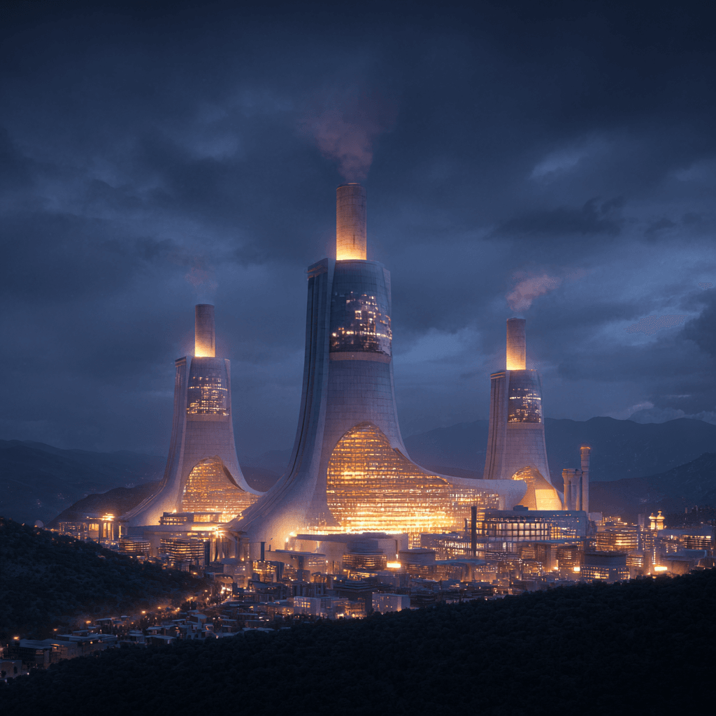 Complejo futurista de reactores nucleares con tecnología de torio en China iluminado durante la noche