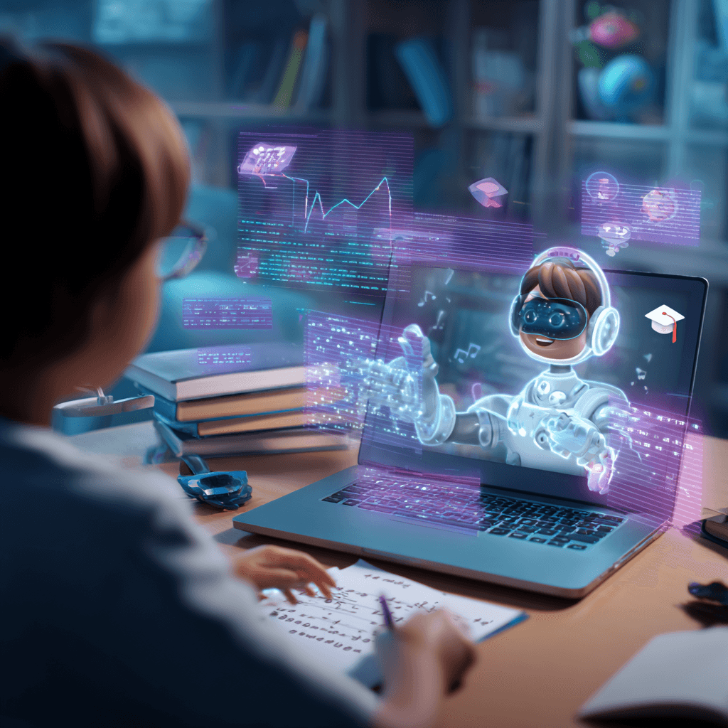 Niño interactúa con un tutor virtual de IA desde su laptop, con gráficos holográficos educativos