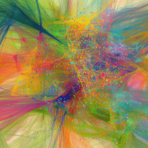 Visualización de datos complejos con trazabilidad y flujos de información multicolor, representando la observabilidad de agentes IA con AgentOps