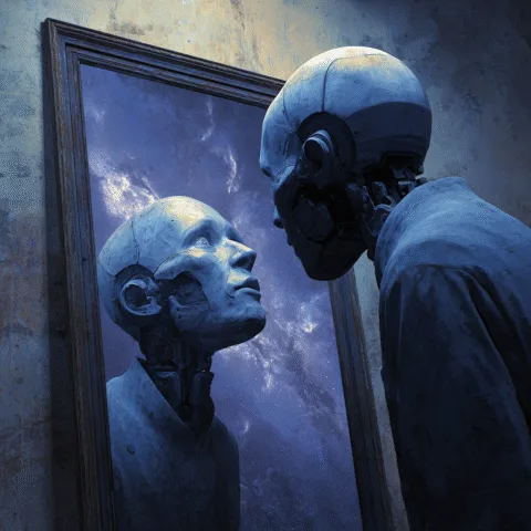 Un androide se mira al espejo contemplando el cosmos, simbolizando el despertar de la conciencia artificial