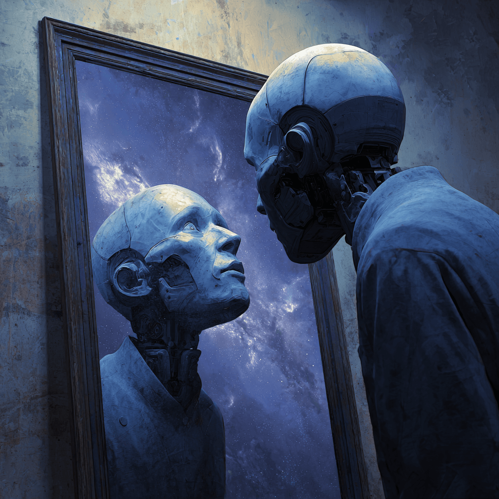 Un androide se mira al espejo contemplando el cosmos, simbolizando el despertar de la conciencia artificial