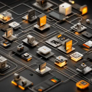 Interfaz futurista de automatización de flujos de trabajo inspirada en n8n, con nodos conectados, visualización modular y diseño tecnológico con iluminación naranja y negra