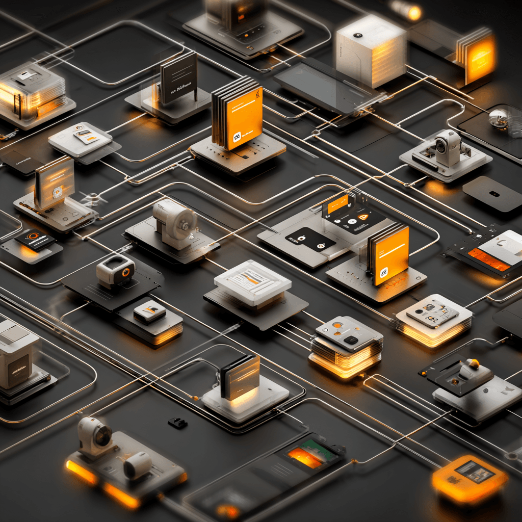 Interfaz futurista de automatización de flujos de trabajo inspirada en n8n, con nodos conectados, visualización modular y diseño tecnológico con iluminación naranja y negra