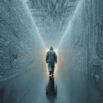 IA agent y gobernanza de IA: futuro autónomo y responsable 4 Persona caminando en un pasillo futurista con circuitos digitales, representación visual de la IA agent y su avance hacia el futuro tecnológico