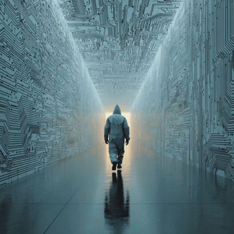 Inicio 22 Persona caminando en un pasillo futurista con circuitos digitales, representación visual de la IA agent y su avance hacia el futuro tecnológico