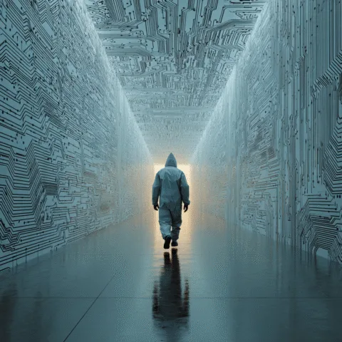 Persona caminando en un pasillo futurista con circuitos digitales, representación visual de la IA agent y su avance hacia el futuro tecnológico