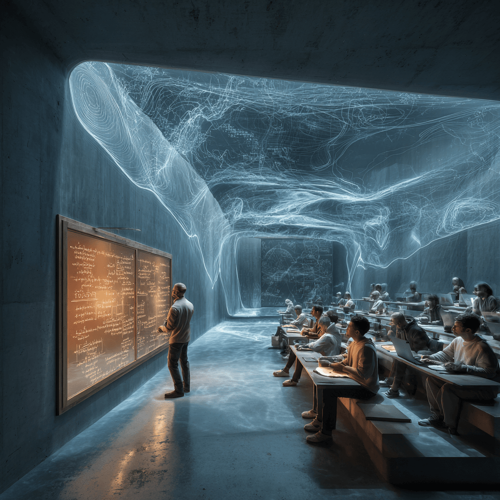 Ilustración de un aula futurista donde la inteligencia artificial en la educación se refleja en hologramas, pizarras digitales y estudiantes interactuando con tutores virtuales en un entorno híbrido humano-máquina.