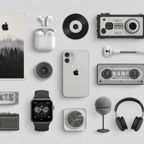 iphone 11 con airpods y apple watch en composición minimalista