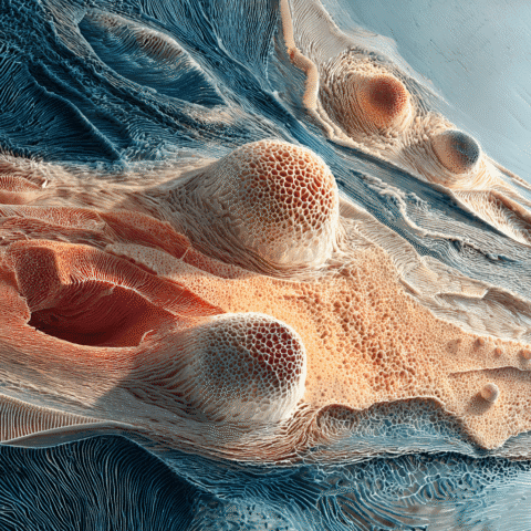 Imagen microscópica artística de células cutáneas que ilustran avances en medicina regenerativa y el atlas unicelular de la piel humana